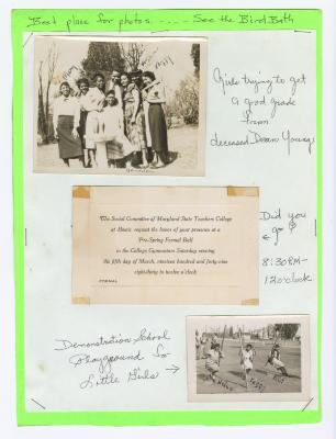 Photos of students at Maryland State Teachers College at Bowie and invitation to pre-spring formal ball