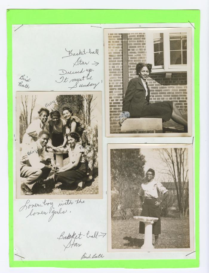 Three photos of basketball stars and bird baths at Maryland State Teachers College at Bowie