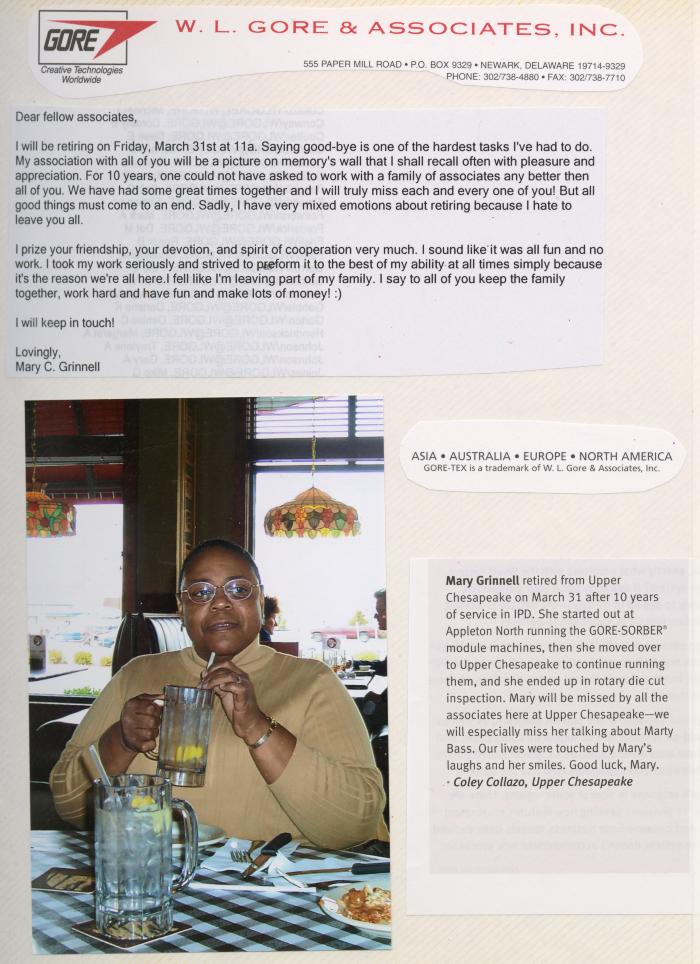 Photo of Mary C. Grinnell alongside retirement letter