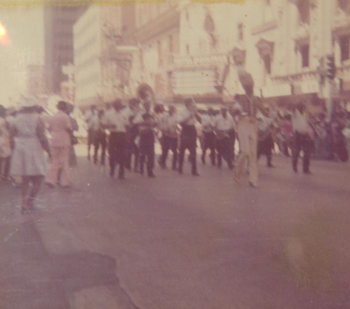 Marching band performing in a parade