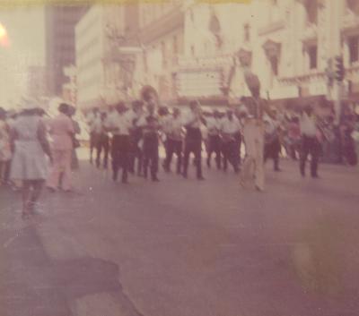 Marching band performing in a parade