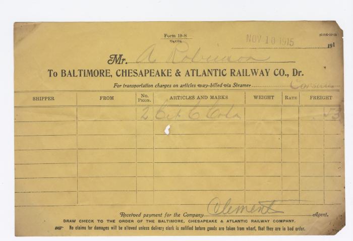 Abraham Robinson shipping bill, 1915 November 10