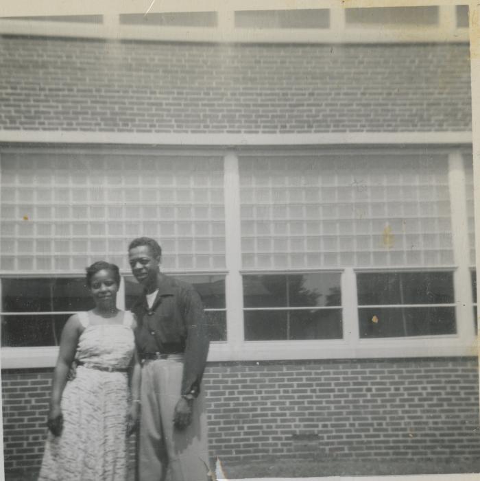 Helen Cann in front of Garnet High school 