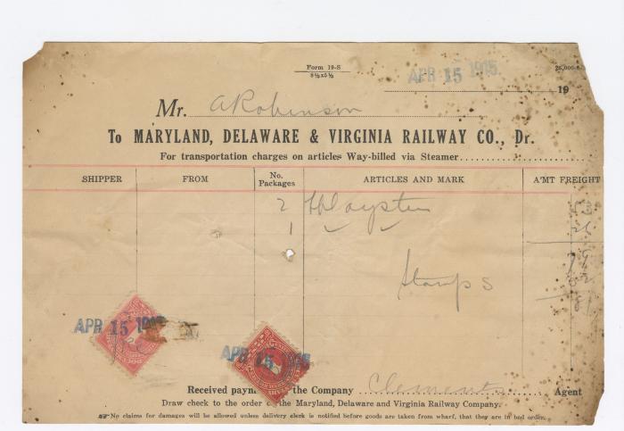 Abraham Robinson shipping bill, 1915 April 15