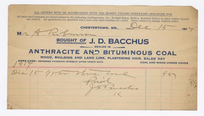 Bacchus Coal statement, 1914 December 15