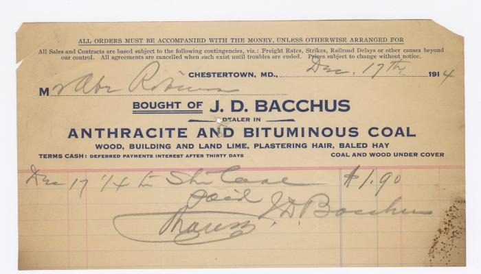 Bacchus Coal statement, 1914 December 17