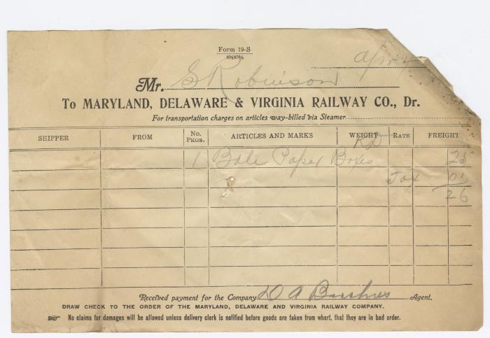Abraham Robinson shipping bill, circa 1910 April 4