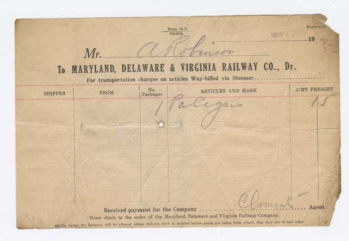 Abraham Robinson shipping bill, November 12 1914