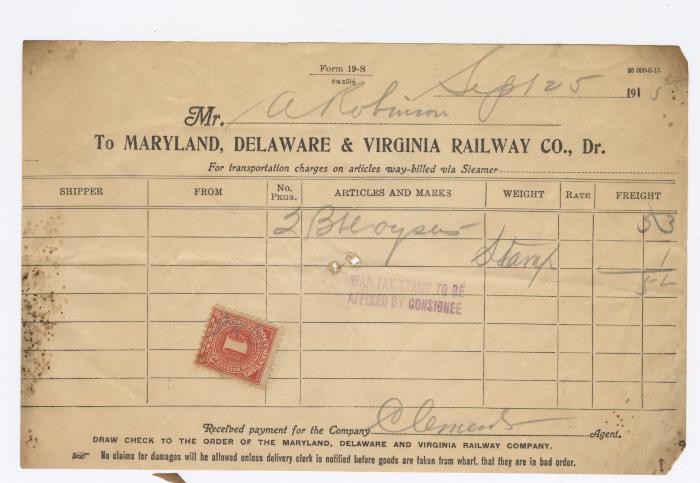 Abraham Robinson shipping bill, 1915 September 25