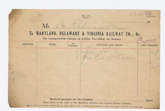 Abraham Robinson shipping bill, 1915 October 20