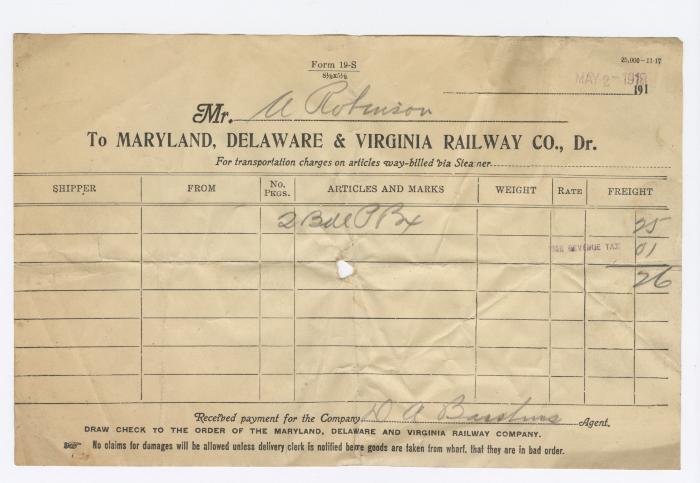 Abraham Robinson shipping bill, 1918 May 2