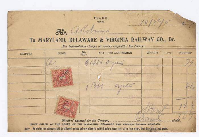 Abraham Robinson shipping bill, 1915 October 26