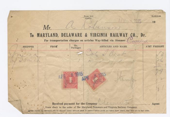 Abraham Robinson shipping bill, 1915 April 8
