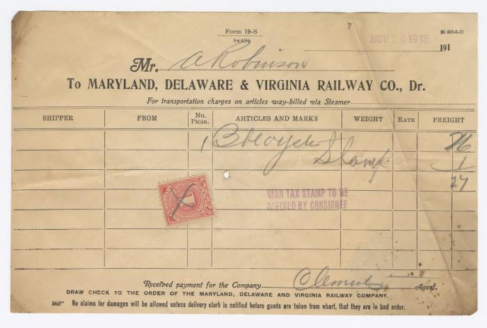 Abraham Robinson shipping bill, 1915 November 20