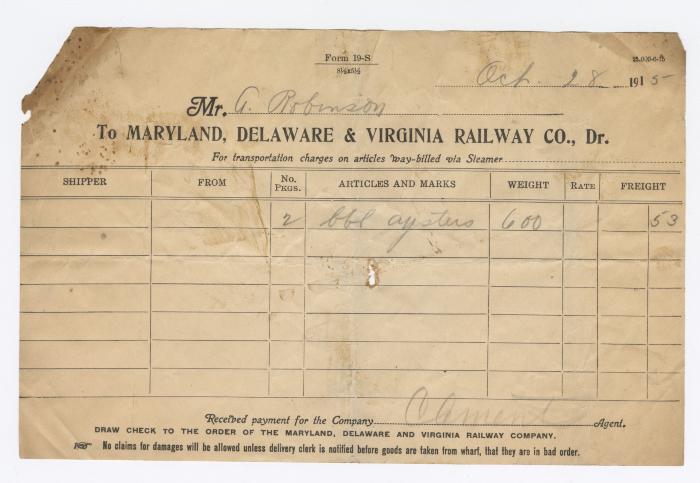 Abraham Robinson shipping bill, 1915 October 28