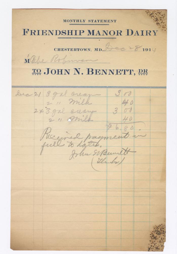 Friendship Manor Dairy monthly statement, 1914 December 28