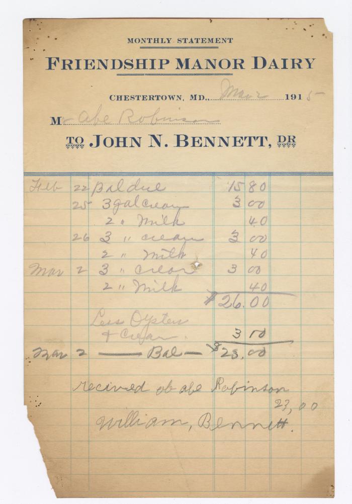 Friendship Manor Dairy monthly statement, 1915 March 2