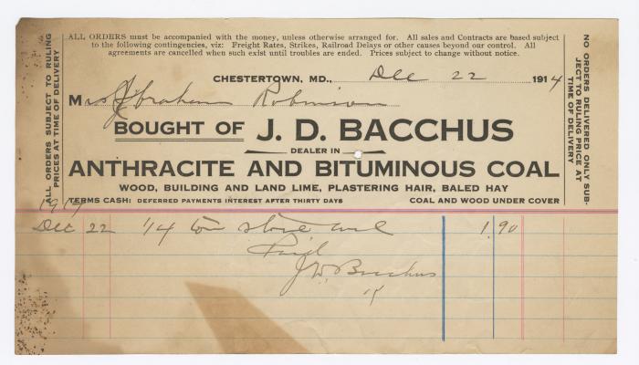 Bacchus Coal statement, 1914 December 22