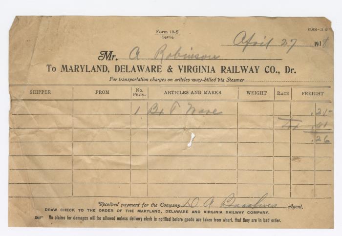 Abraham Robinson shipping bill, 1918 April 27