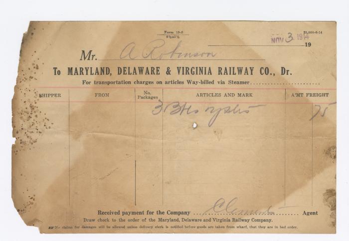 Abraham Robinson shipping bill, 1914 November 3