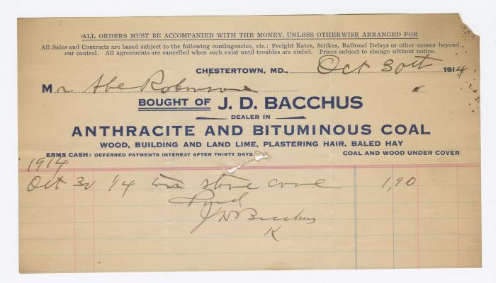 Bacchus Coal statement, 1914 October 30
