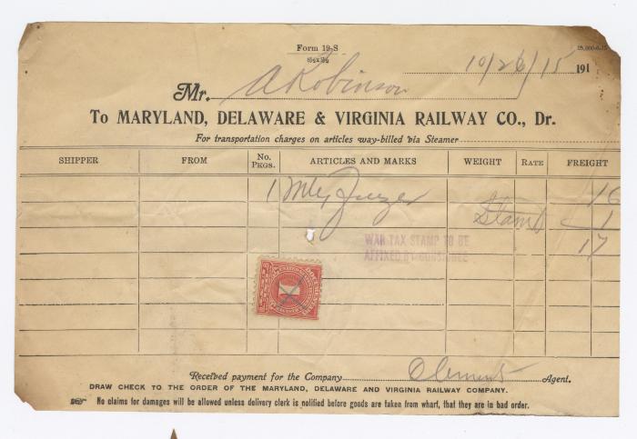 Abraham Robinson shipping bill, 1915 October 26