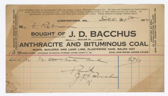 Bacchus Coal statement, 1914 December 30