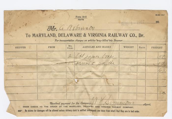 Abraham Robinson shipping bill, 1917 August 1