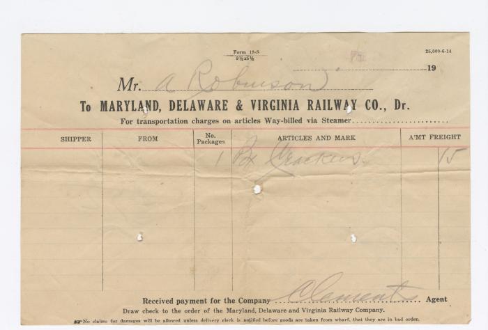 Abraham Robinson shipping bill, circa 1910 February