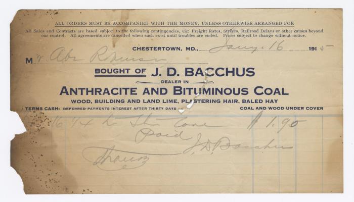 Bacchus Coal statement, 1915 January 16