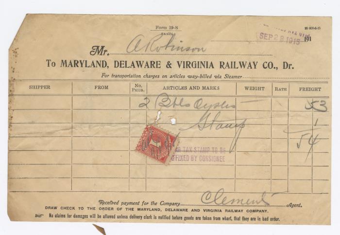 Abraham Robinson shipping bill, 1915 September 28