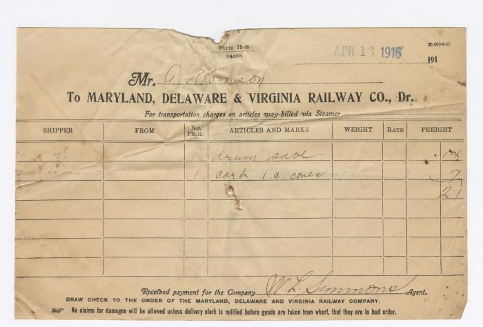 Abraham Robinson shipping bill, 1916 April 13