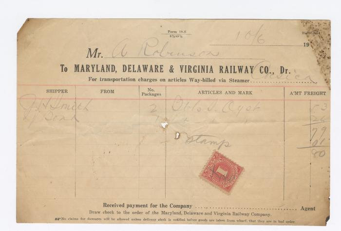 Abraham Robinson shipping bill, circa 1910 October 6