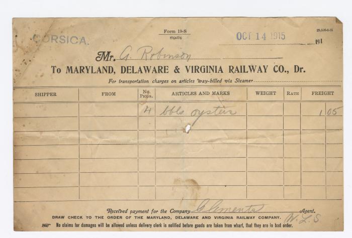 Abraham Robinson shipping bill, 1915 October 14