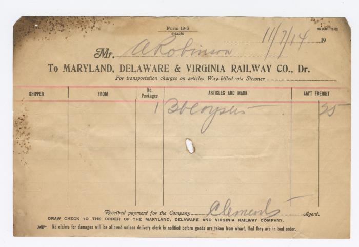 Abraham Robinson shipping bill, 1914 November 7