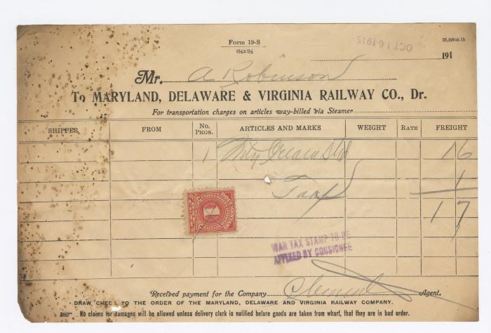 Abraham Robinson shipping bill, 1915 October 16