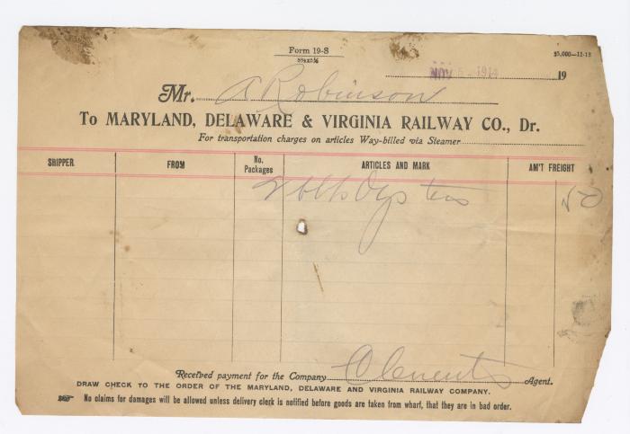 Abraham Robinson shipping bill, 1914 November 5