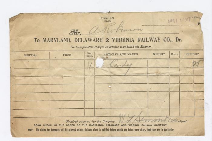 Abraham Robinson shipping bill, 1917 August 14
