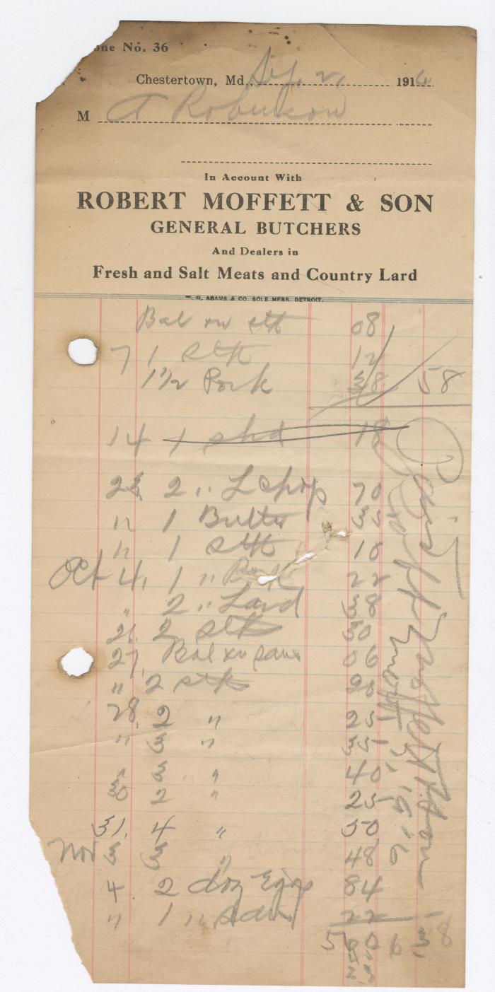 Moffett and Sons butcher bill, 1916 September 21