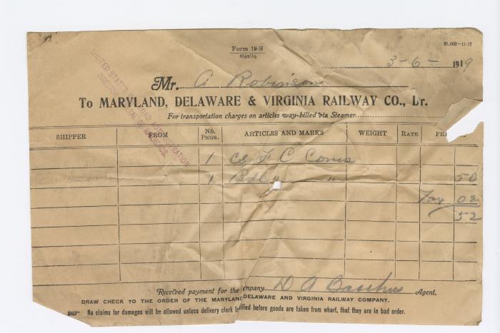 Abraham Robinson shipping bill, 1919 March 6