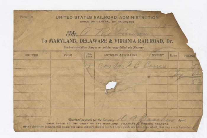 Abraham Robinson shipping bill, circa 1910 December 4