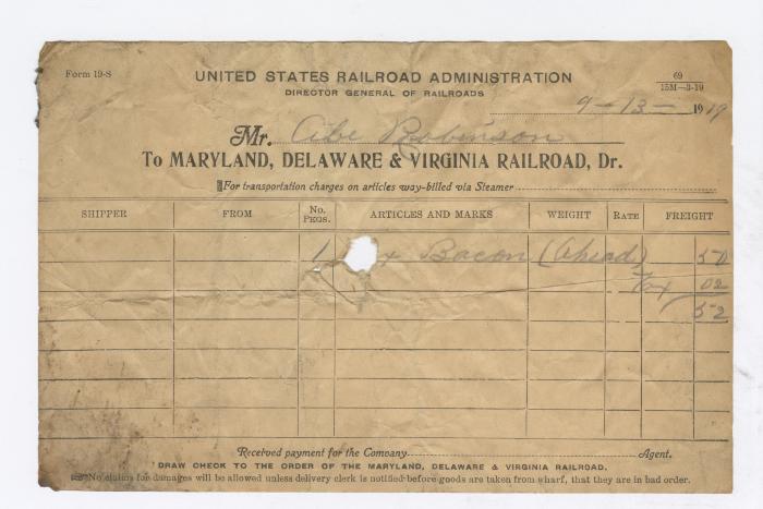 Abraham Robinson shipping bill, 1919 September 13