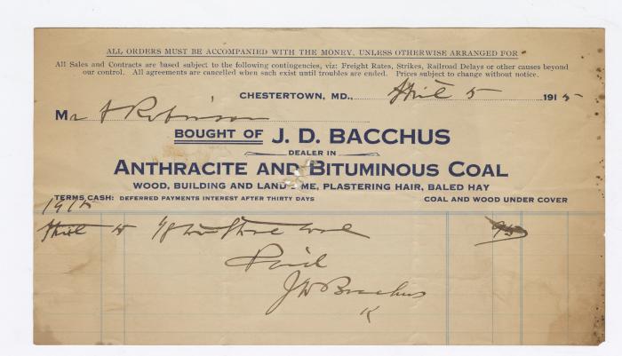 J. D. Bacchus bill, anthracite and bituminous coal dealer, 1915 April 5