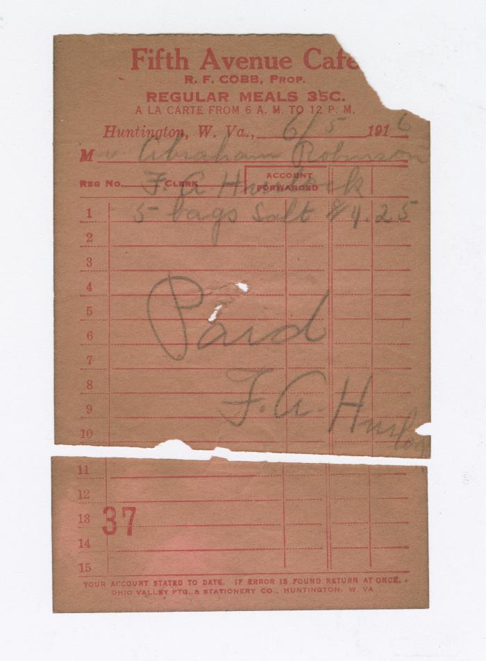 F. A. Hurlock Grocer bill, 1916 June 5