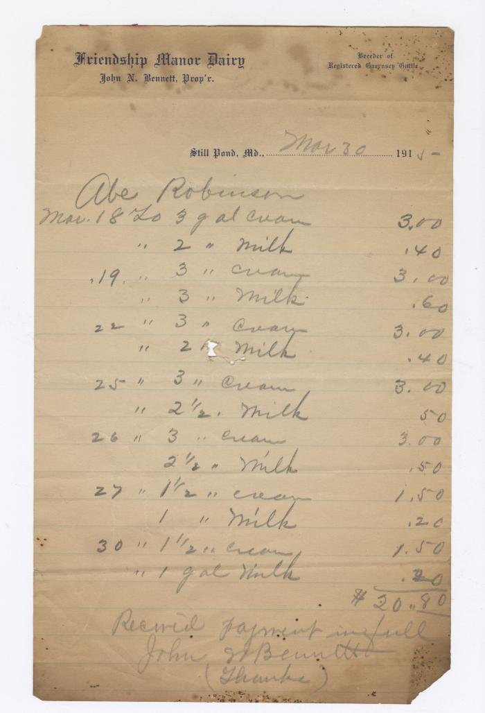 Friendship Manor Dairy bill, 1915 March 30