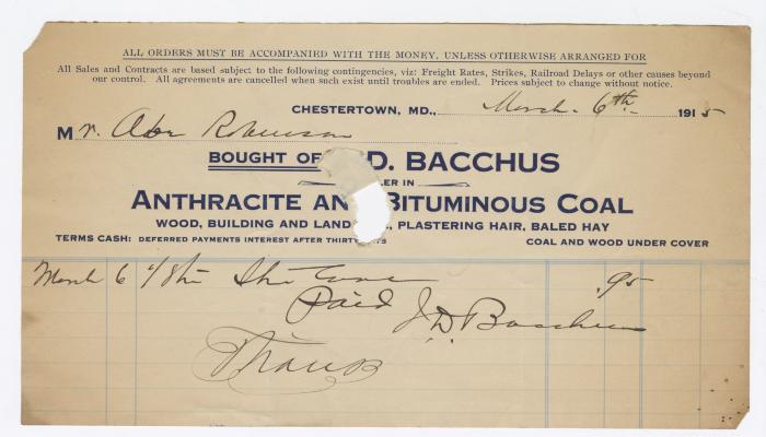 Bacchus Coal statement, 1915 March 6
