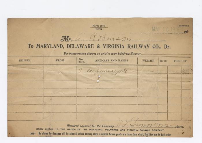 Abraham Robinson shipping bill, 1916 May 16