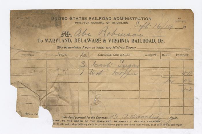 Abraham Robinson shipping bill, 1919 October 16
