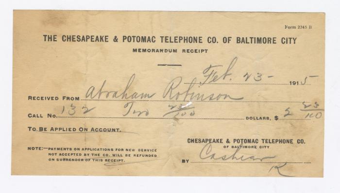 Chesapeake and Potomac Telephone Co. receipt, 1915 February 23
