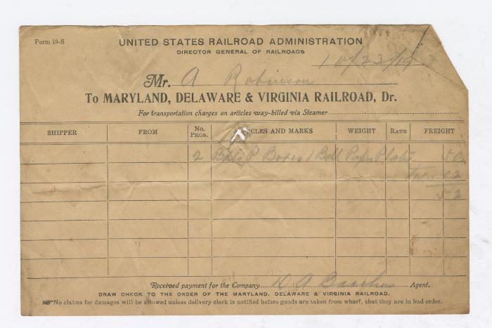 Abraham Robinson shipping bill, 1919 October 23